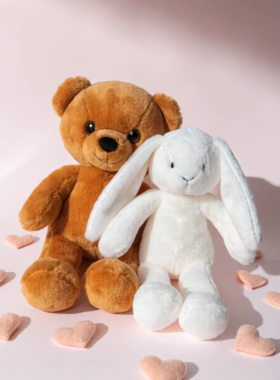Boneka beruang madu dan kelinci putih duduk berdampingan
